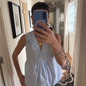 BARBA NAPOLI Handmade in ItalyuBlue Stripe Sleeveless Cotton Blouse Size Small